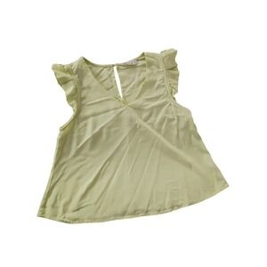 New In Top M Pale Yellow Linen Blend Ruffle Cap Sleeve V-Neck Cottagecore BOHO